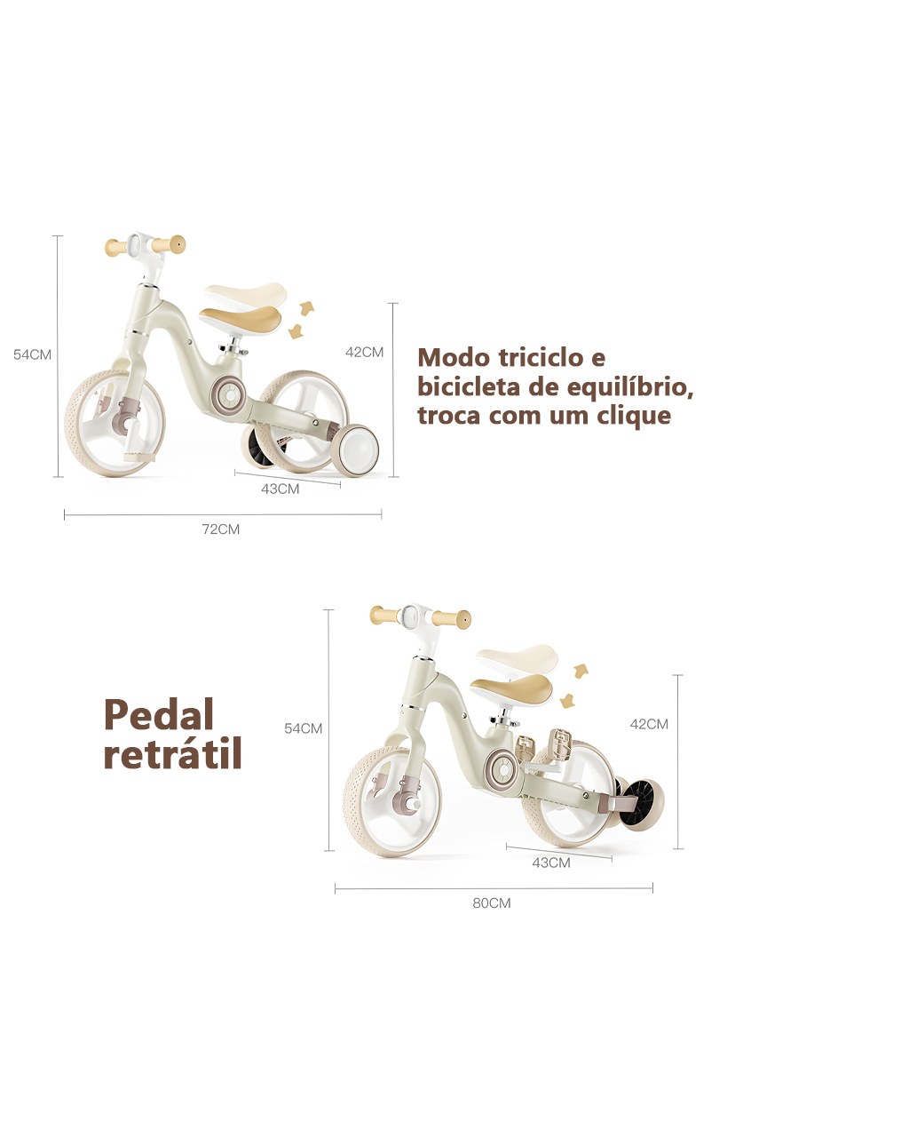 Triciclo 2 em 1 Bicicleta de Equilíbrio com Música e Luz - Cáqui, foto 3