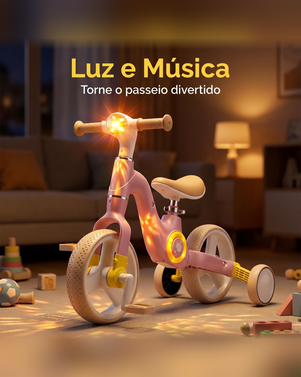 Triciclo 2 em 1 Bicicleta de Equilíbrio com Música e Luz - Cáqui, foto 5