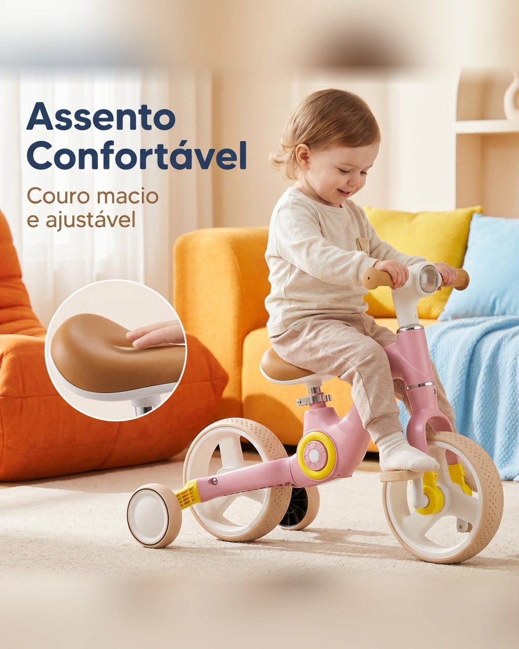 Triciclo 2 em 1 Bicicleta de Equilíbrio com Música e Luz - Cáqui, foto 6