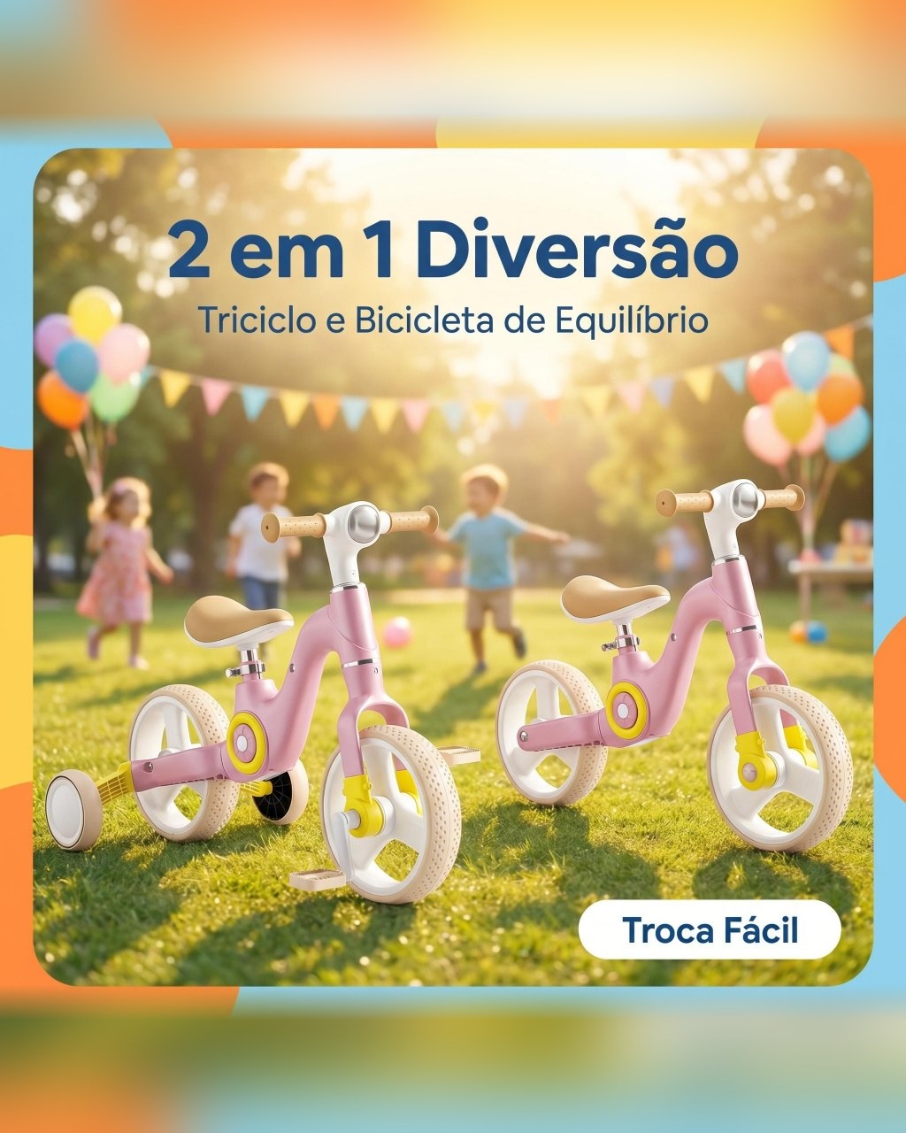 Triciclo 2 em 1 Bicicleta de Equilíbrio com Música e Luz - Rosa, foto 6