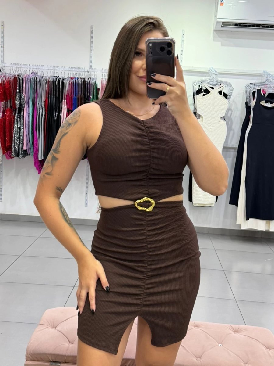 Vestido Curto com Abertura na Cintura Marrom Escuro, foto 2