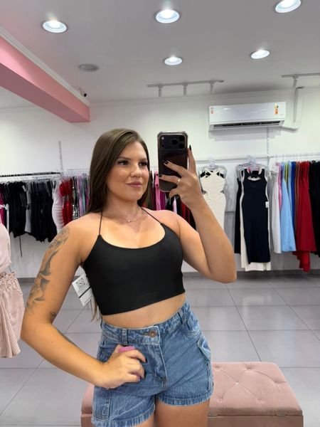 Cropped Suplex Tecido Duplo Com Amarração Cordinha Preto