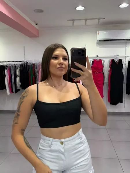 Cropped Canelado Fino Com Alça Fina Preto