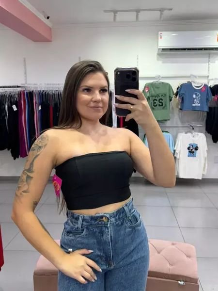 Cropped Suplex TopFaixa Com Bojo e Duas Linhas Na Frente Preto