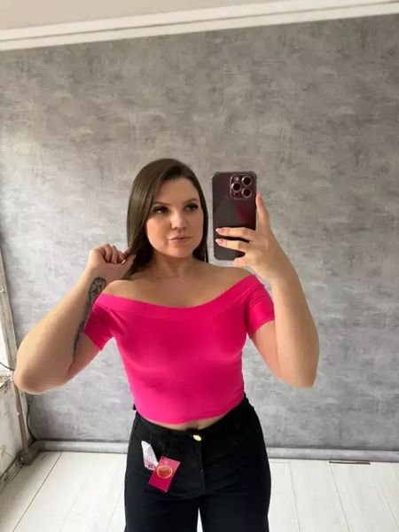 Cropped Suplex Ombro A Ombro Com Bojo E Manga Curta Rosa Pink