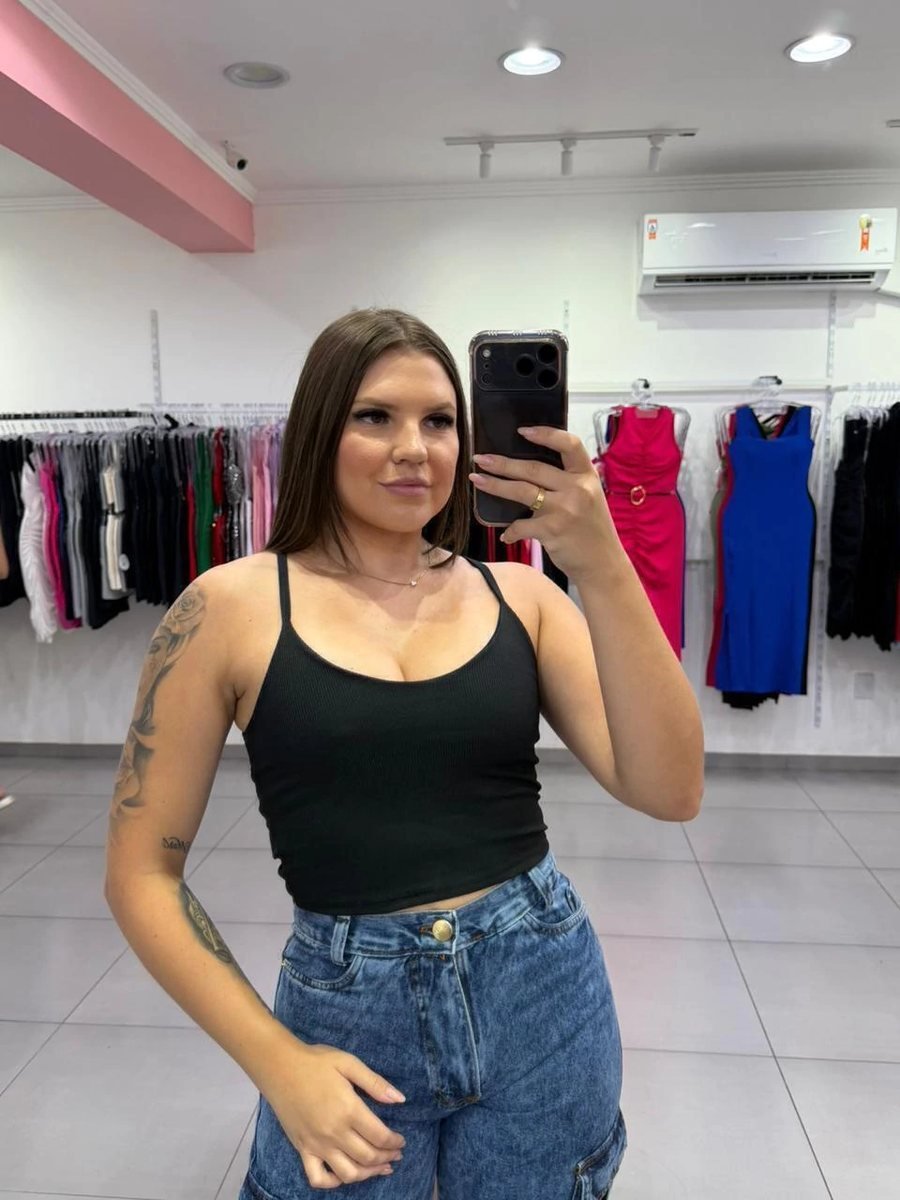 Cropped Canelado Básico Alça Fina Preto