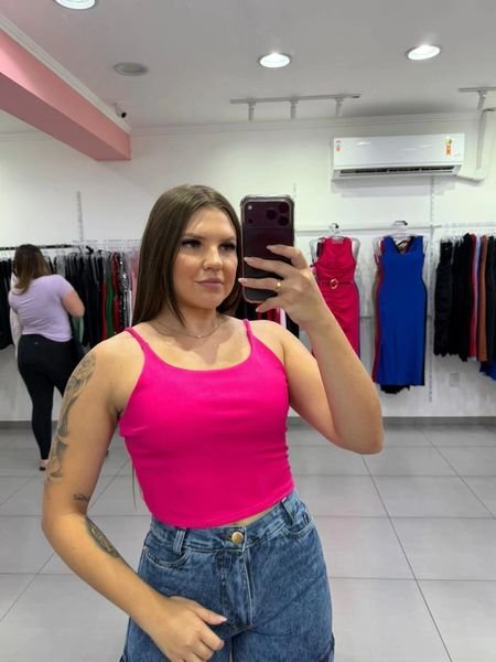 Cropped Canelado Básico Alça Fina Rosa Pink