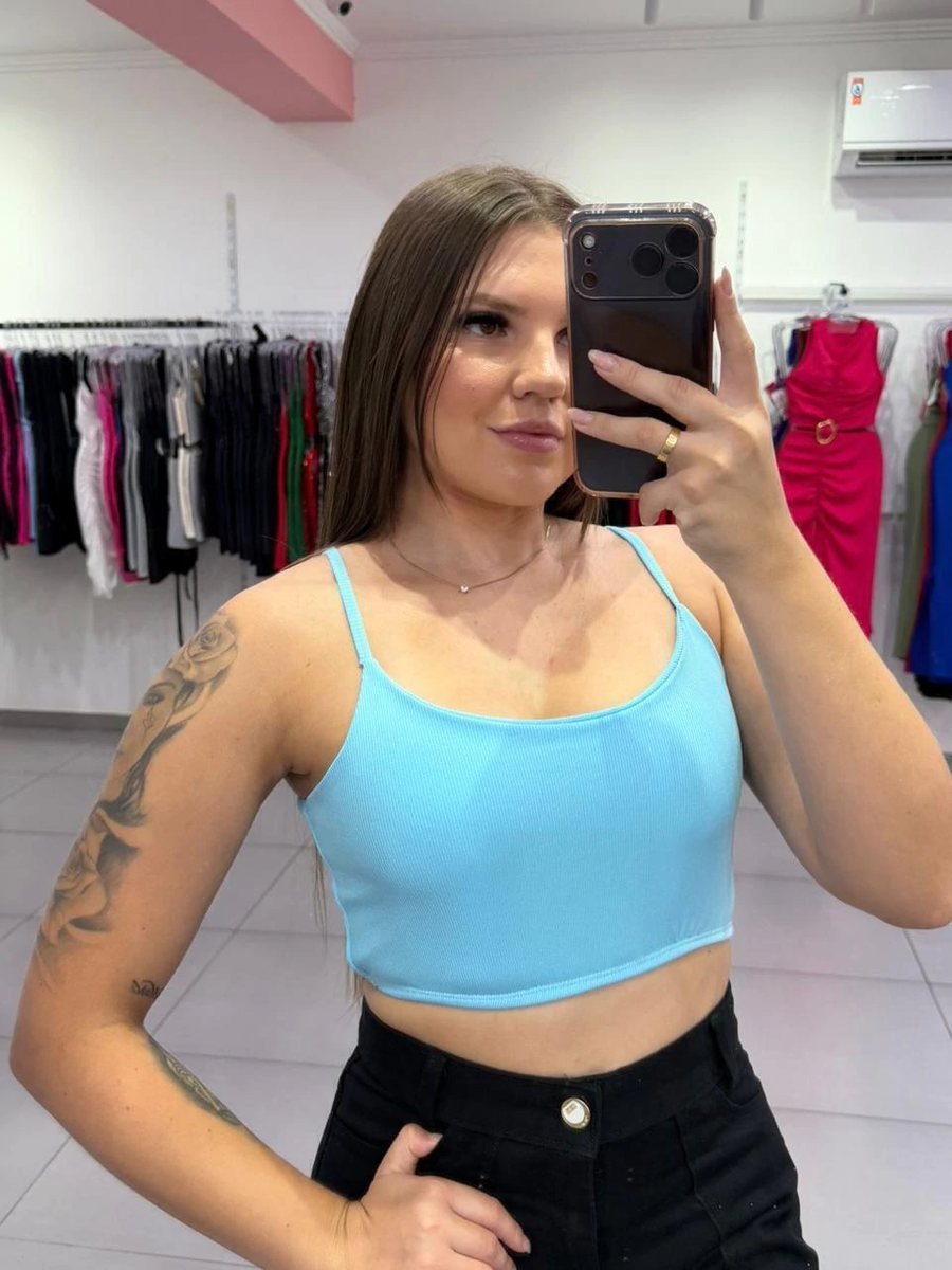 Cropped Canelado Fino Duplo Alça Fina Azul Claro, foto 2