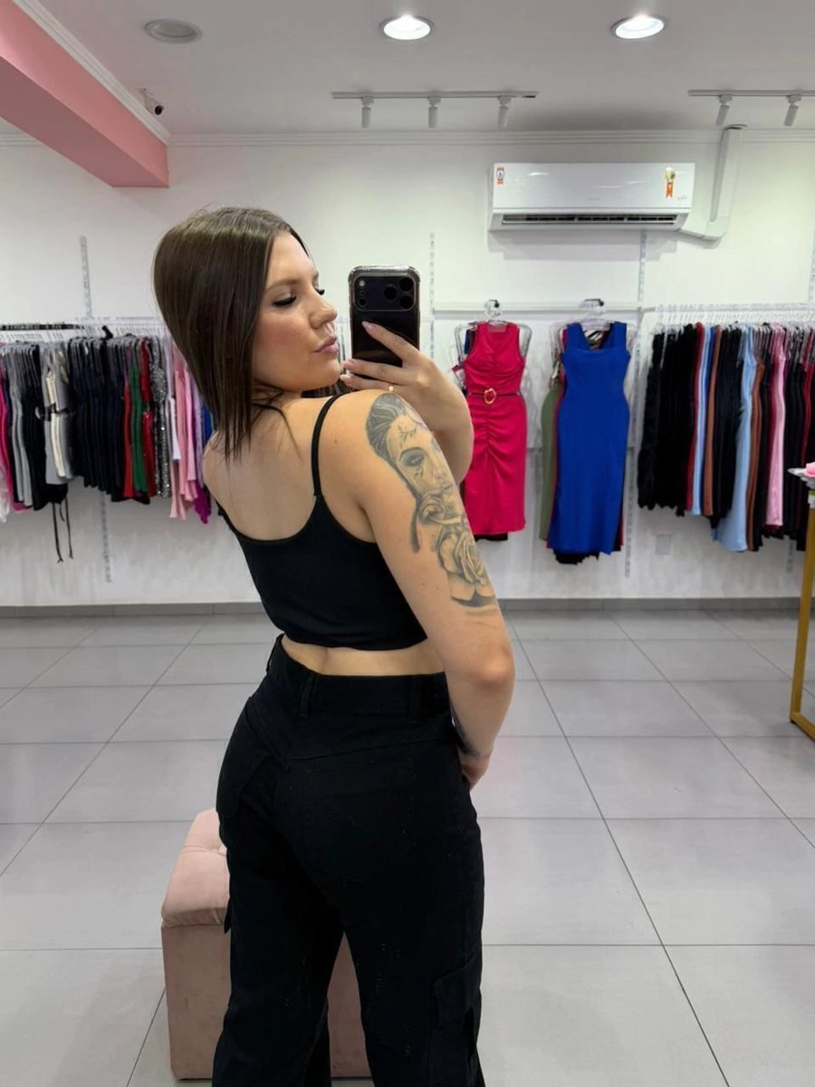 Cropped Canelado Fino Duplo Alça Fina Preto, foto 2