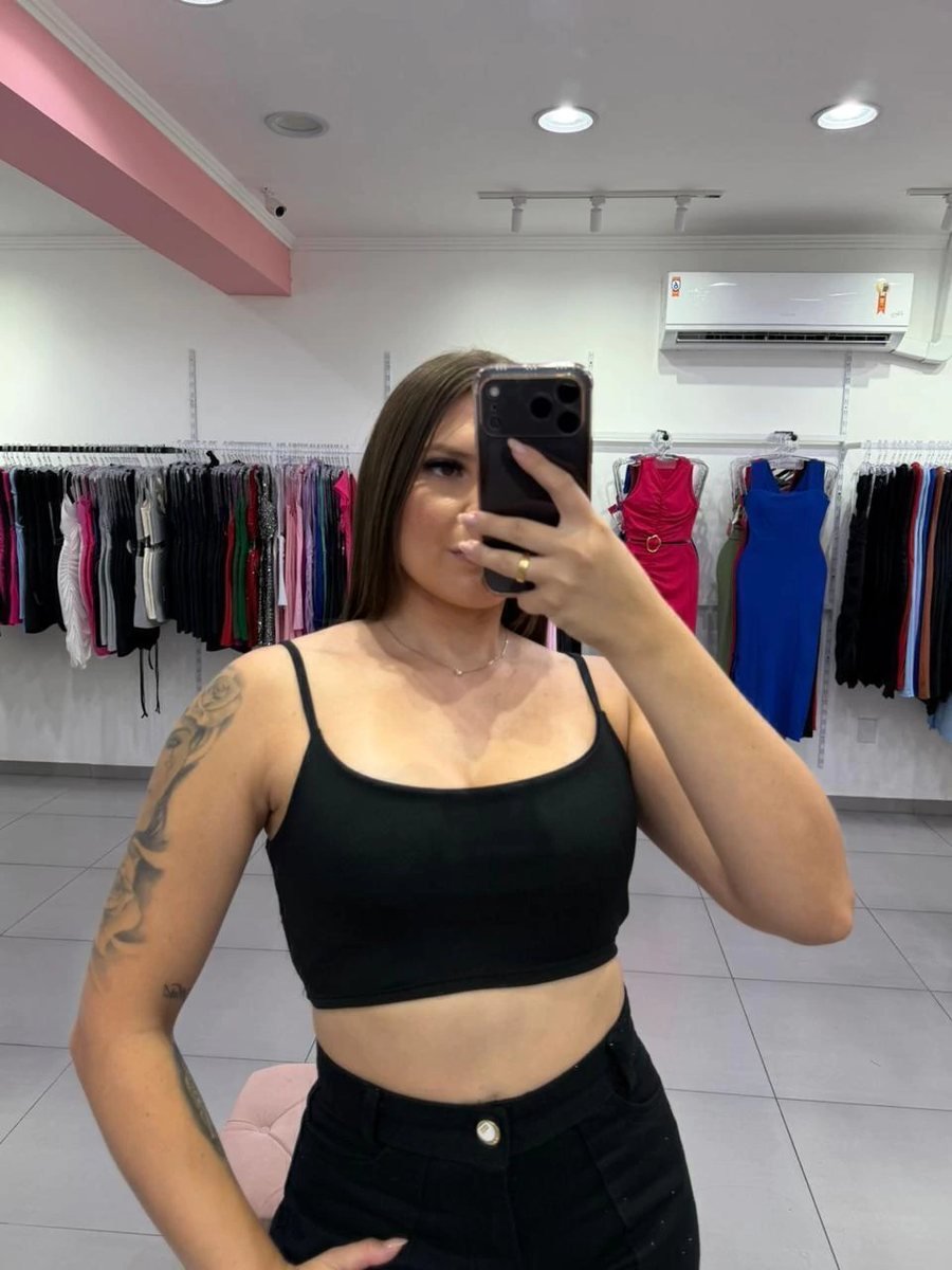 Cropped Canelado Fino Duplo Alça Fina Preto, foto 3