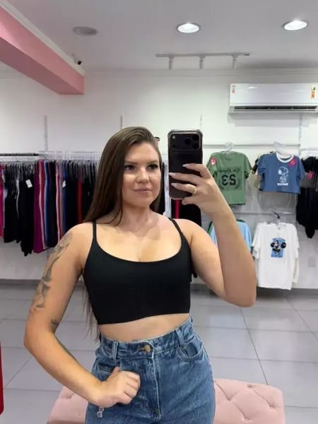 Cropped Canelado Duplo Alça Fina Preto