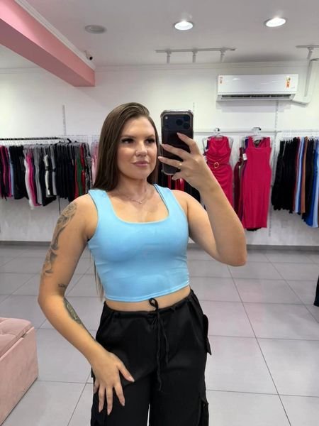 Cropped Suplex Duplo Regata Gola Quadrada Azul Claro