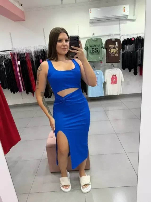 Vestido Canelado Fino Midi Abertura Na Barriga Com Bojo E Fenda