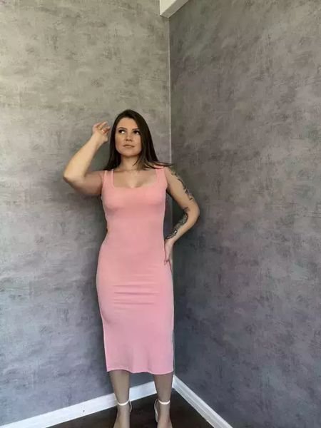 Vestido Canelado Fino Midi Regata Com Duas Fenda Laterais Rosa Claro