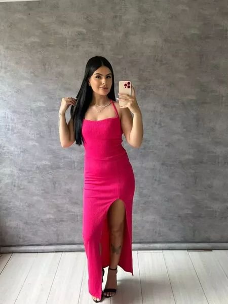 Vestido Atoalhado Longo Trançado Nas Costas E Fenda Rosa Pink