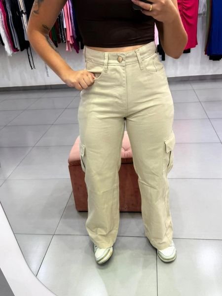 Calça Jeans Wide Leg Cargo Nude