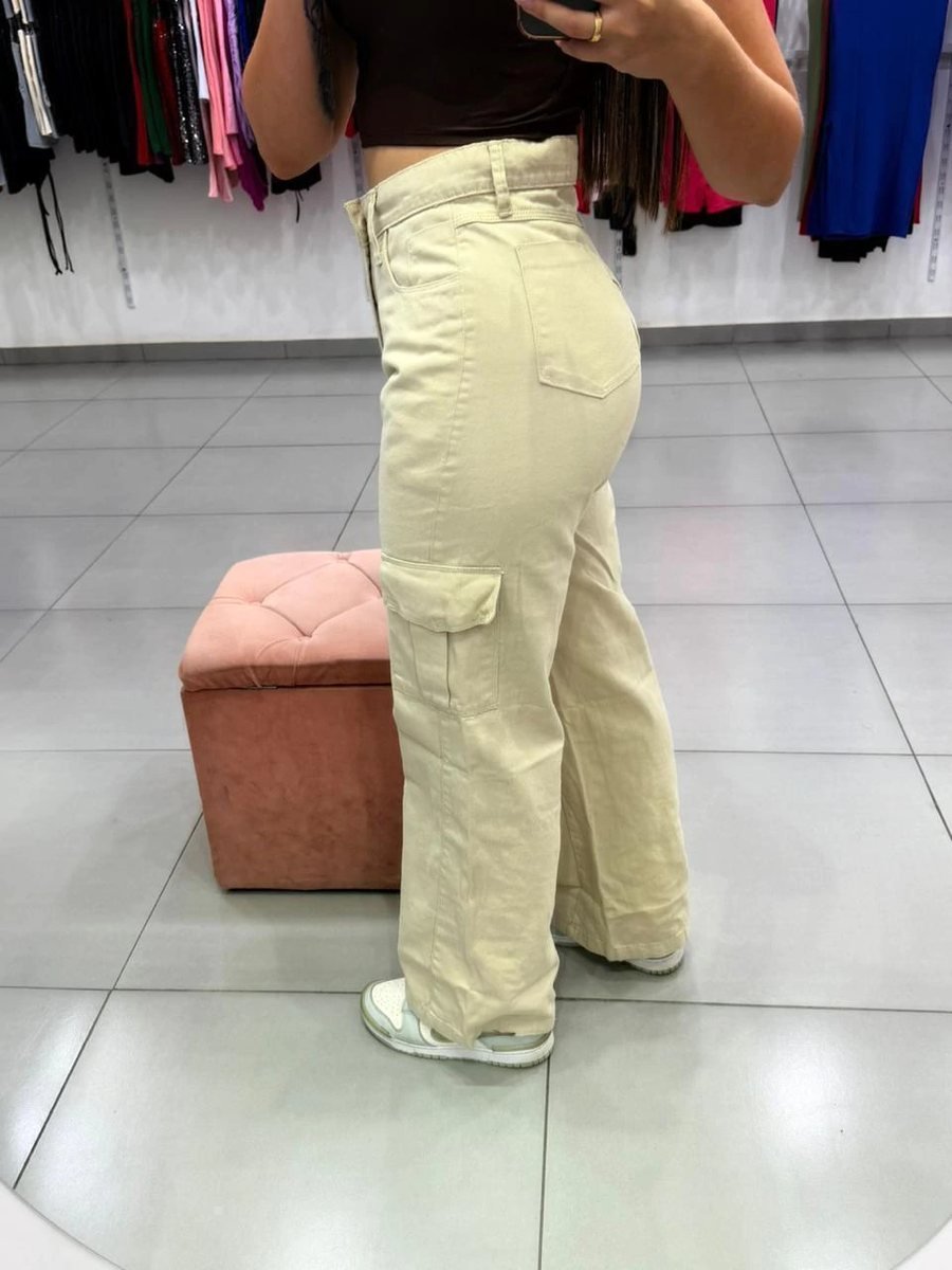 Calça Jeans Wide Leg Cargo Nude, foto 2