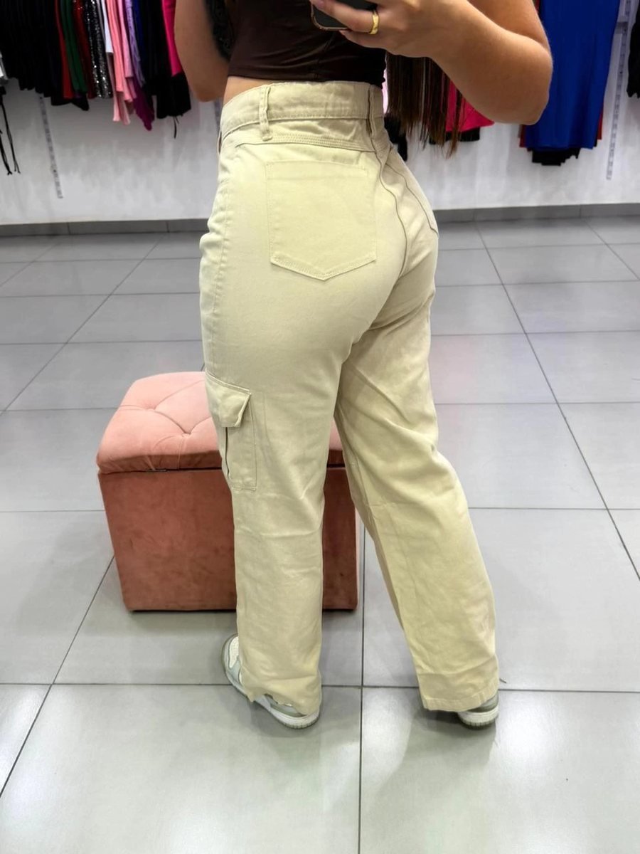 Calça Jeans Wide Leg Cargo Nude, foto 3