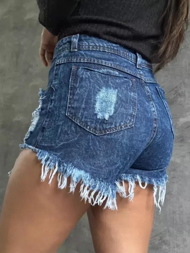 Short Jeans Desfiando Botão Broze E Desfiado No Bolso, foto 2