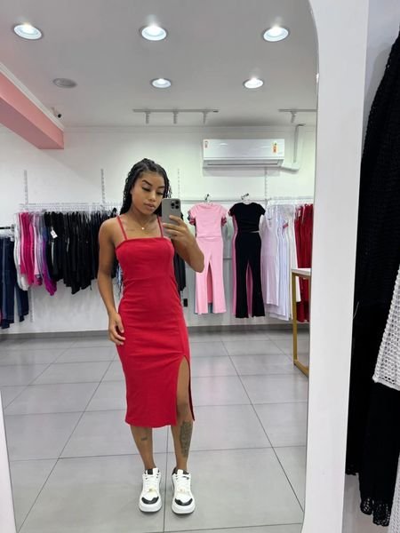 Vestido Midi Fenda Lateral E Alcinha Fina Vermelho