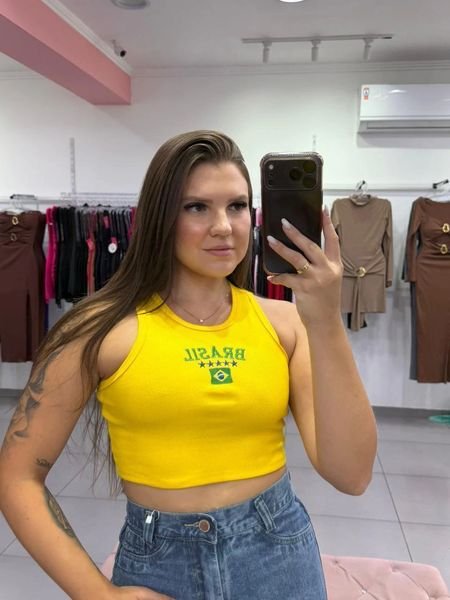 Cropped Canelado Regata Bandeira Brasil Amarelo