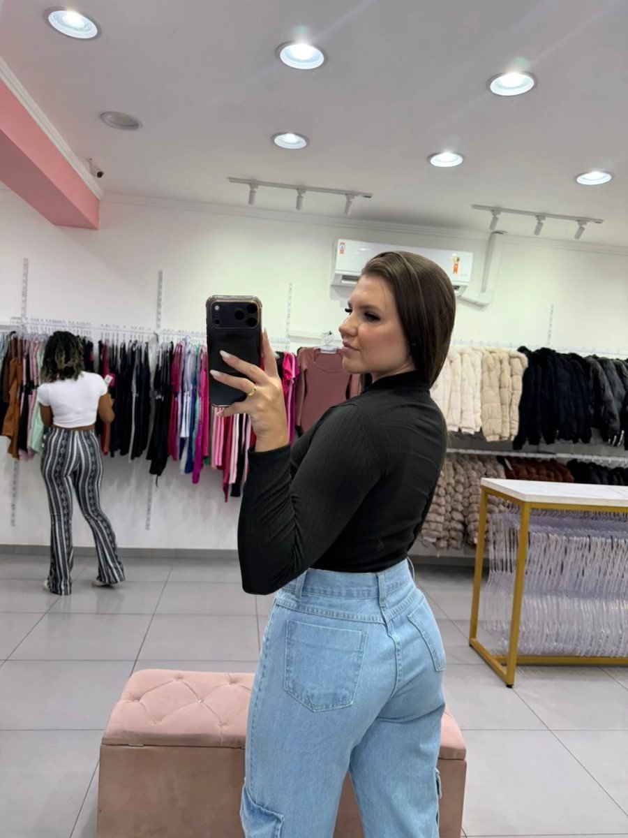 Body Canelado Fino Manga Longa Com Gola Alta Preto, foto 2