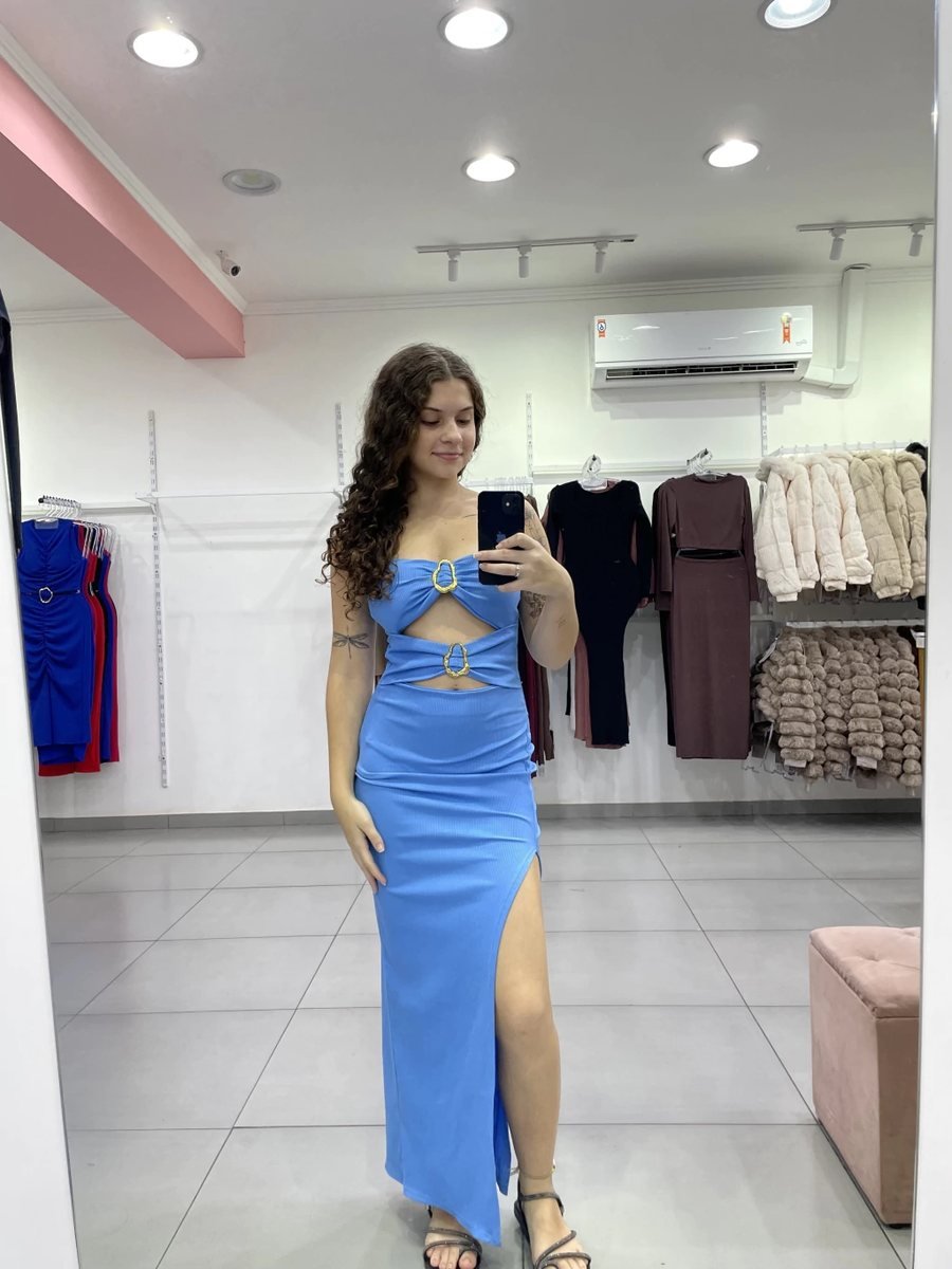 Vestido longo canelado tomara q caia azul claro