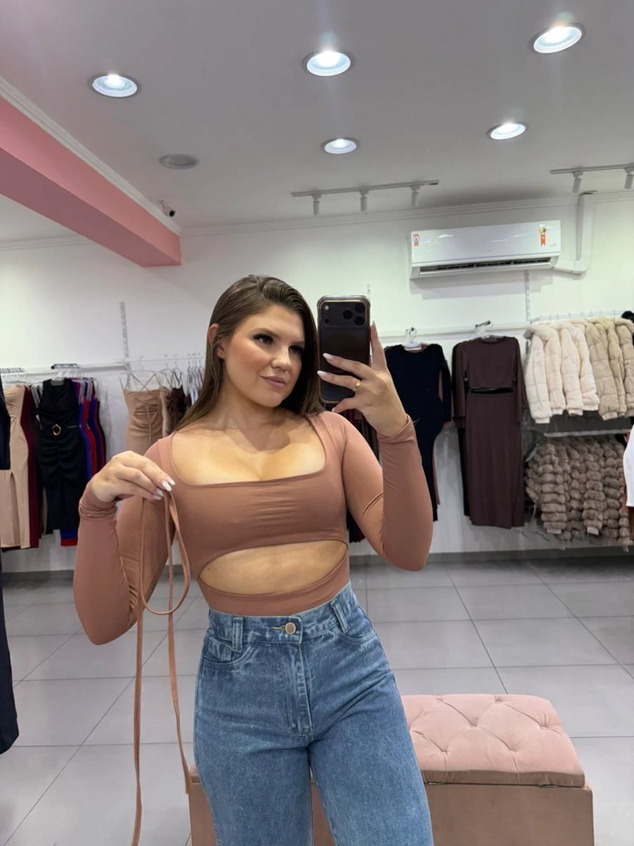 Body Poliamida Com Manga Longa Detalhe Amarrar Frente Bege, foto 2