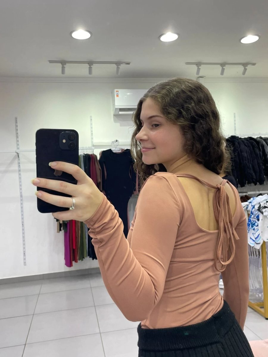 Body Poliamida Com Manga Longa Detalhe Amarrar E Gola U marrom claro, foto 2