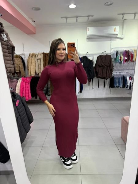 Vestido Canelado Térmico Longo Com Manga Longa E Gola Alta Bordo