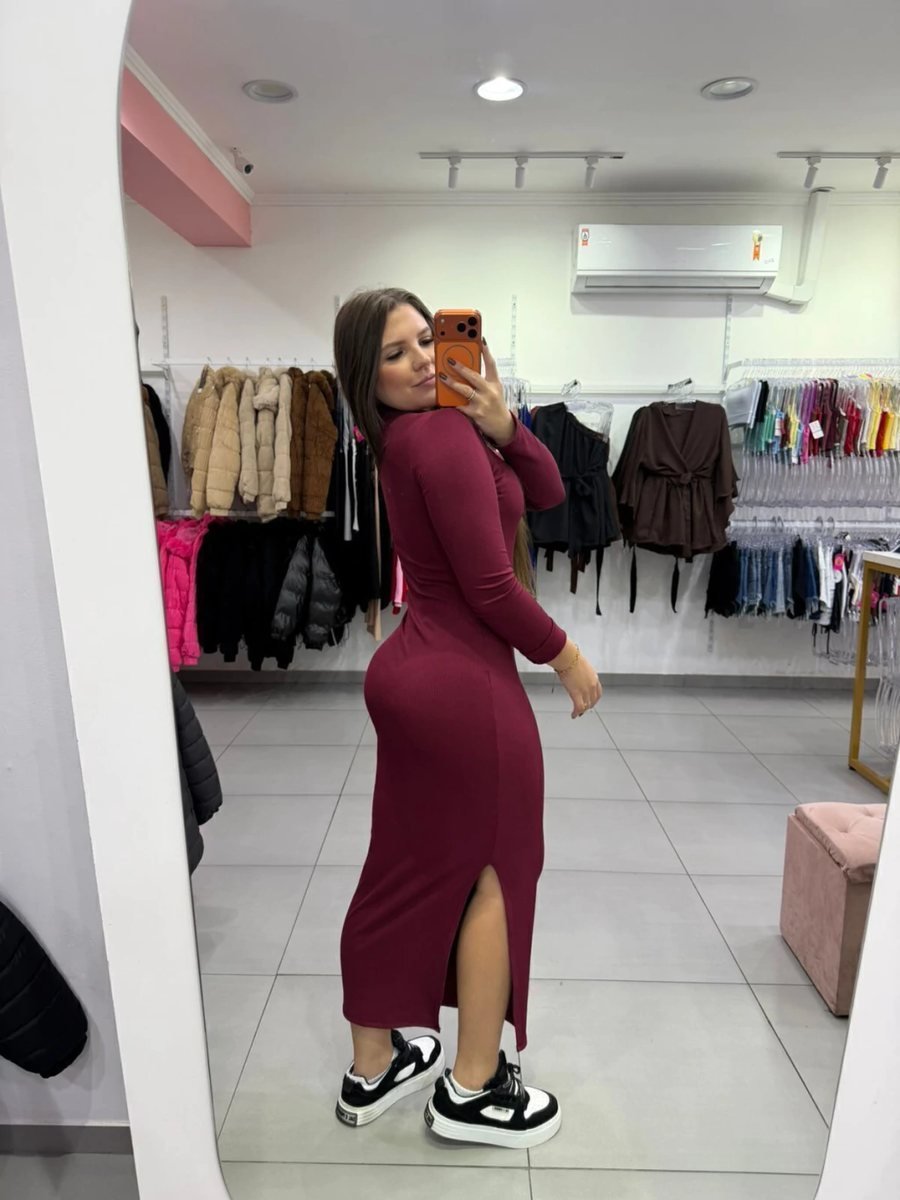 Vestido Canelado Térmico Longo Com Manga Longa E Gola Alta Bordo, foto 2