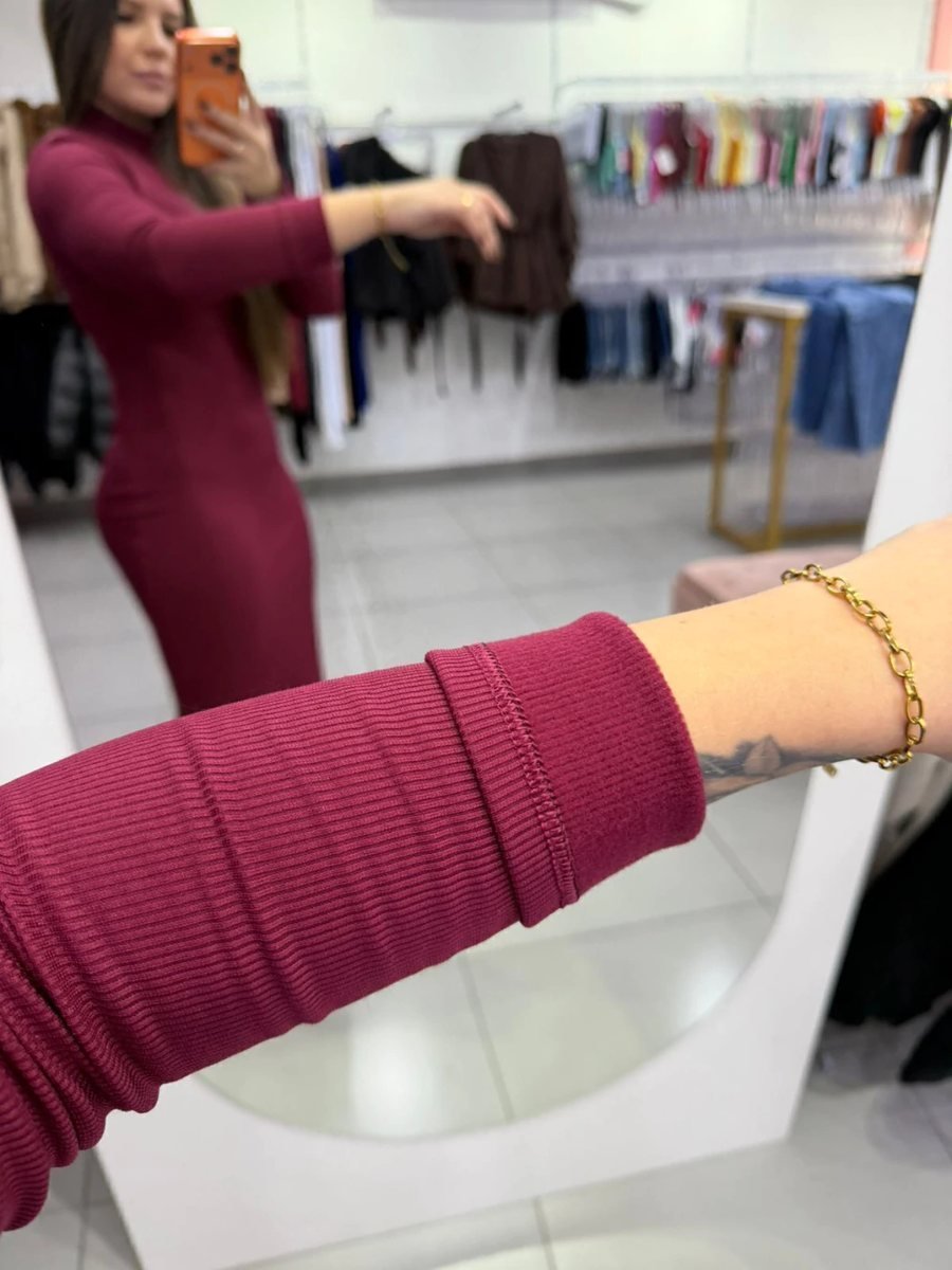 Vestido Canelado Térmico Longo Com Manga Longa E Gola Alta Bordo, foto 3