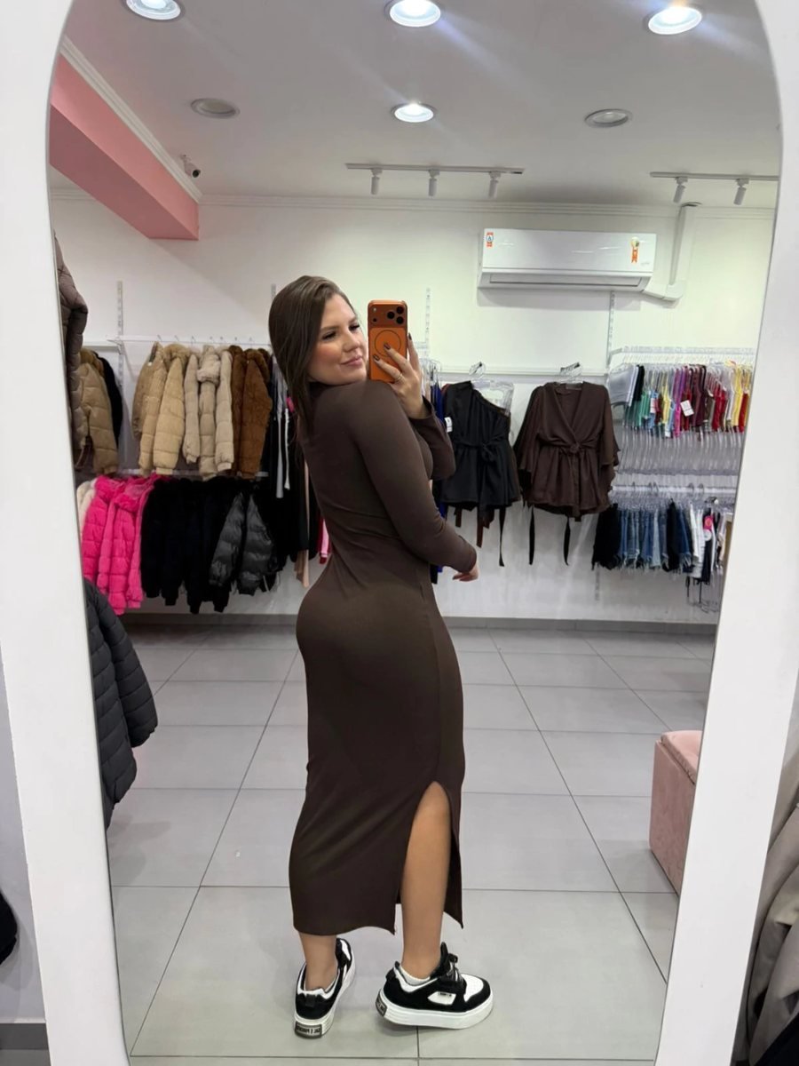 Vestido Canelado Térmico Longo Com Manga Longa E Gola Alta Marrom Escuro, foto 2