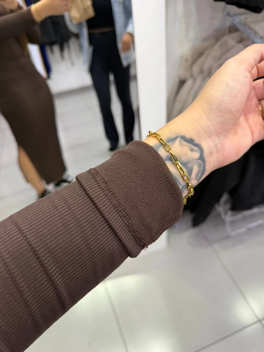 Vestido Canelado Térmico Longo Com Manga Longa E Gola Alta Marrom Escuro, foto 3