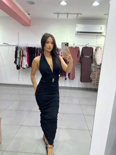 Vestido Canelado Algodão Drapiado Dos Lados E Detalhe Estrela Dourada Preto