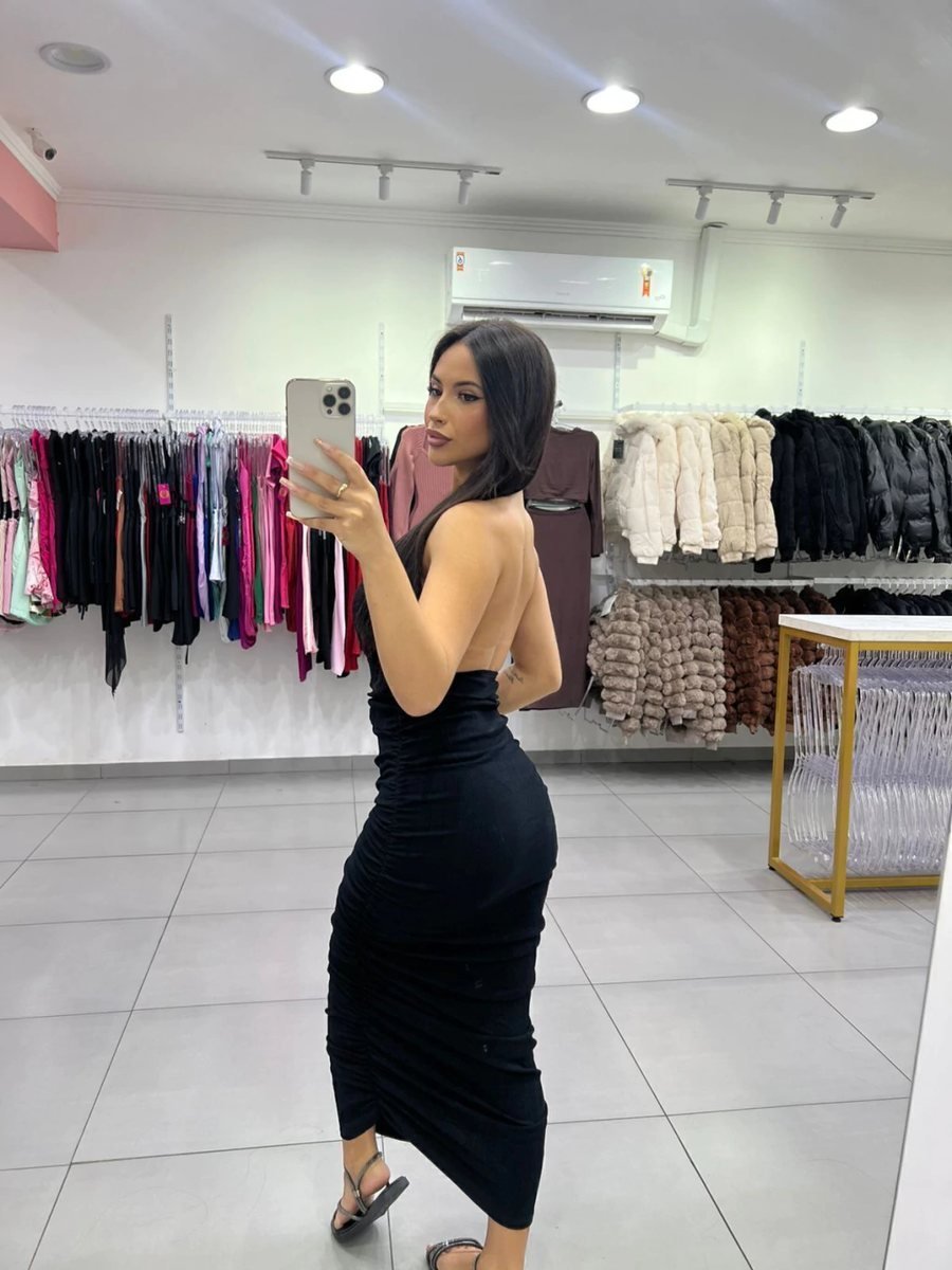 Vestido Canelado Algodão Drapiado Dos Lados E Detalhe Estrela Dourada Preto, foto 2