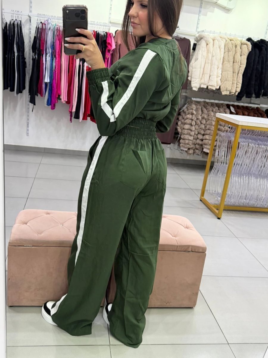Conjunto Alfaiataria Calça Pantalona Com Bolsos E Casaco Cropped Com Ziper Verde, foto 4