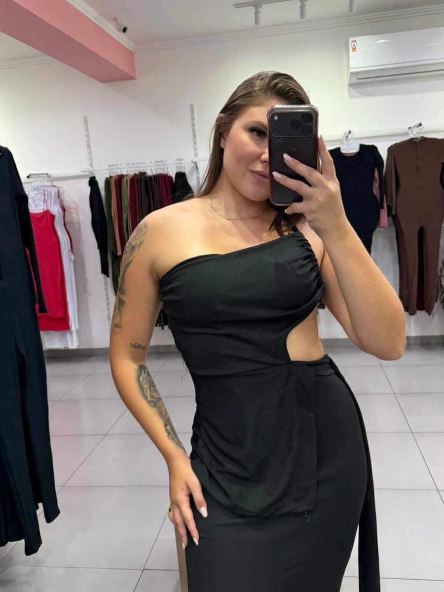 Vestido Canelado Fino Com Uma Alça E Detalhe na Frente Preto 049, foto 2