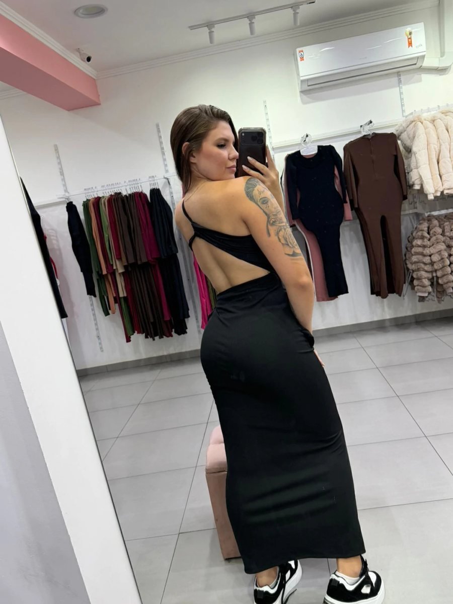 Vestido Canelado Fino Com Uma Alça E Detalhe na Frente Preto 049, foto 3
