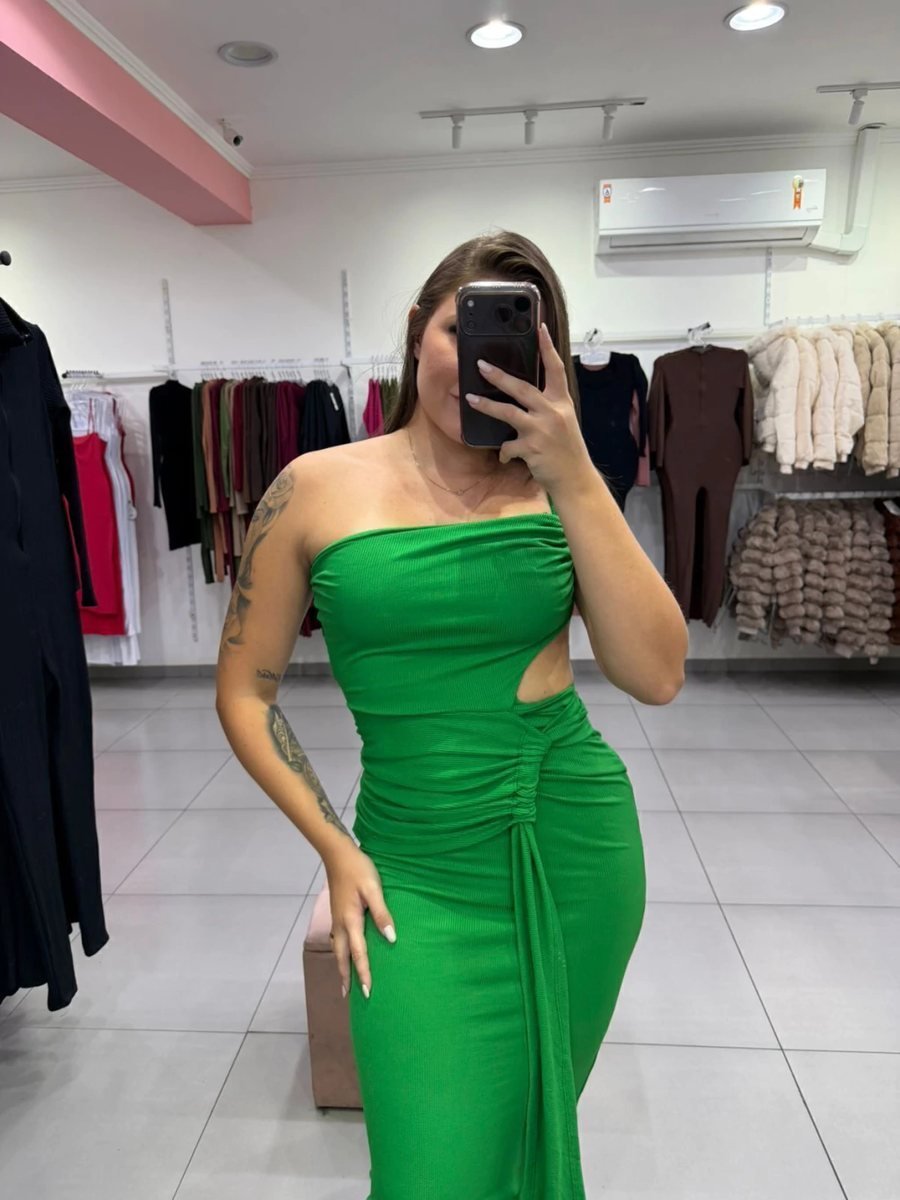 Vestido Canelado Fino Com Uma Alça E Detalhe na Frente Verde, foto 2
