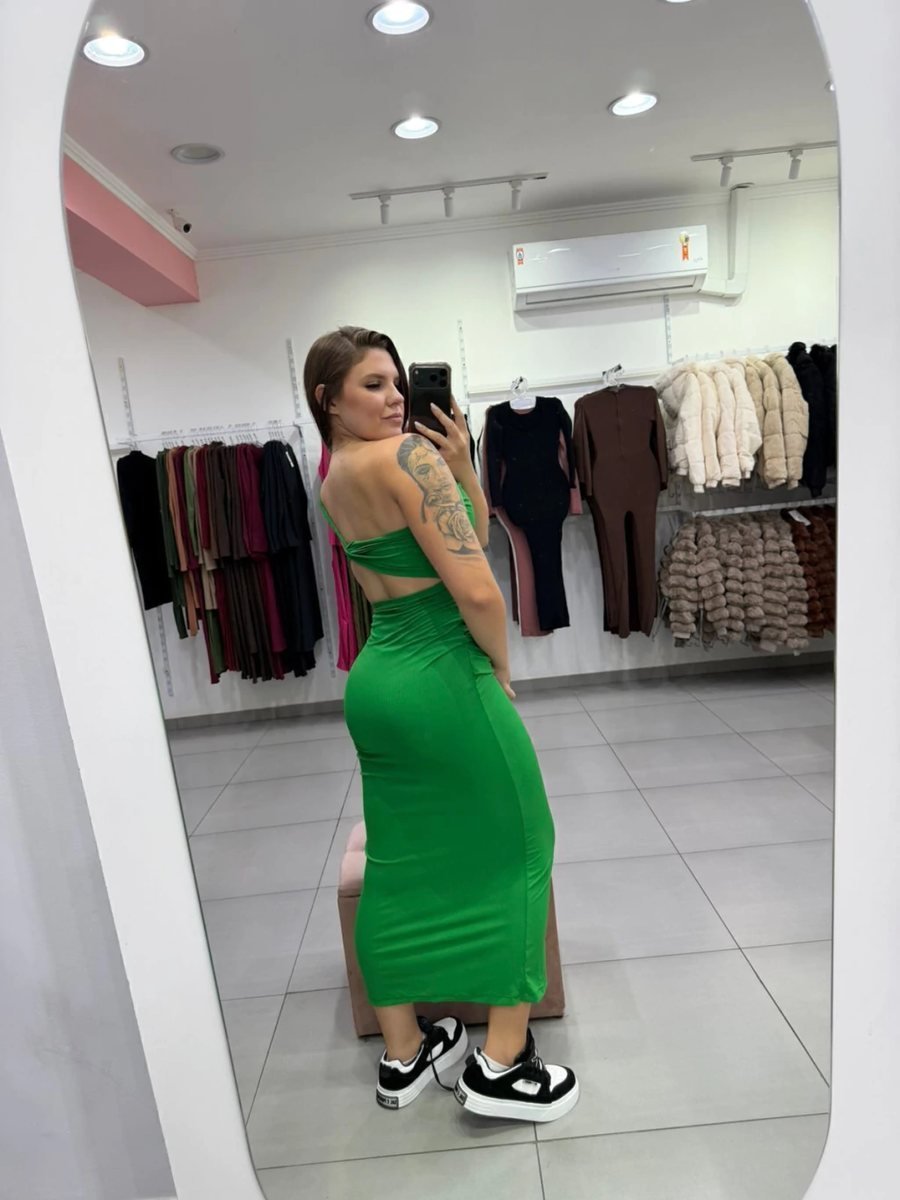 Vestido Canelado Fino Com Uma Alça E Detalhe na Frente Verde, foto 3