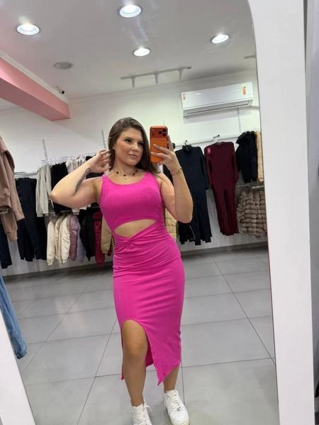 Vestido Canelado Algodão Midi Abertura Na Barriga E Fenda Lateral Rosa Pink