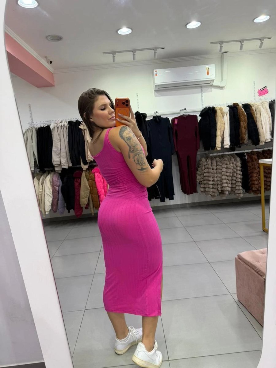 Vestido Canelado Algodão Midi Abertura Na Barriga E Fenda Lateral Rosa Pink, foto 2