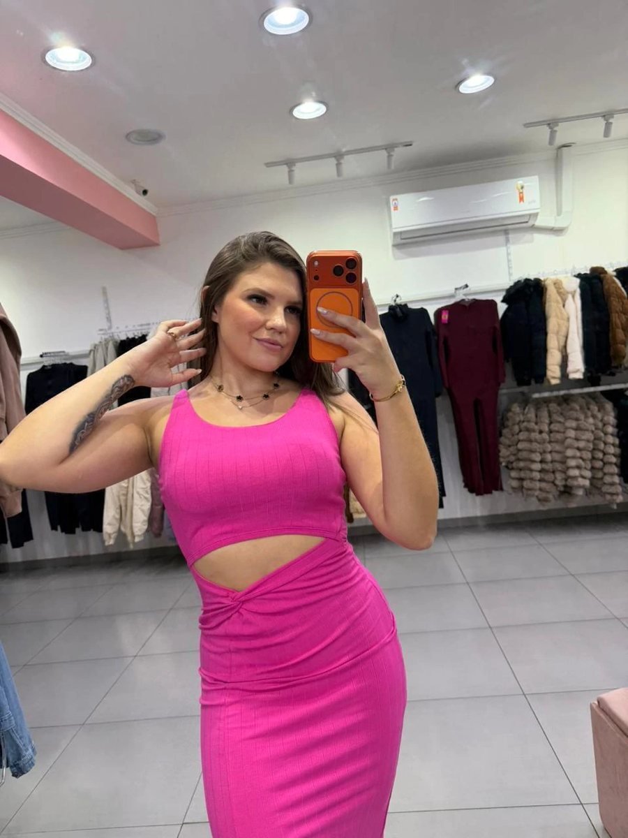 Vestido Canelado Algodão Midi Abertura Na Barriga E Fenda Lateral Rosa Pink, foto 3