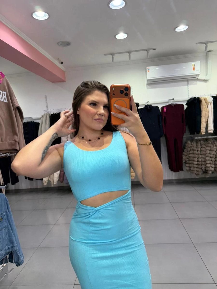 Vestido Canelado Algodão Midi Abertura Na Barriga E Fenda Lateral Azul, foto 2