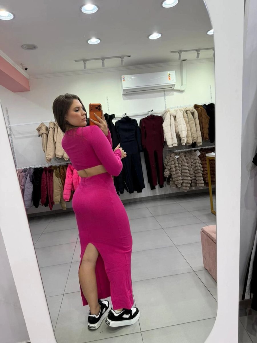 Conjunto Ribana Saia Longa E Fenda Com Cropped Nó Na Frente E Manga Longa Rosa Pink, foto 3