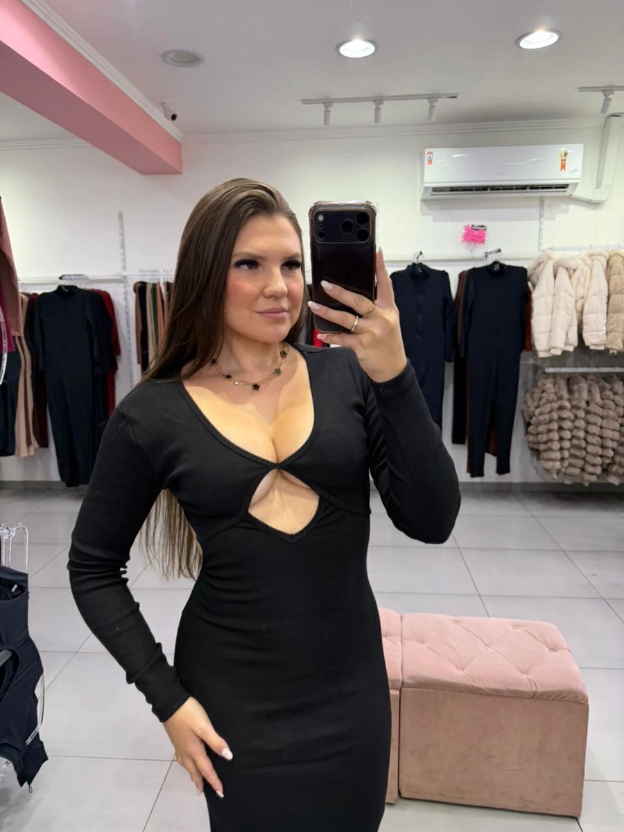 Vestido Ribana Longo Com Abertura Nas Costa Manga Longa E Fenda Atrás, foto 2