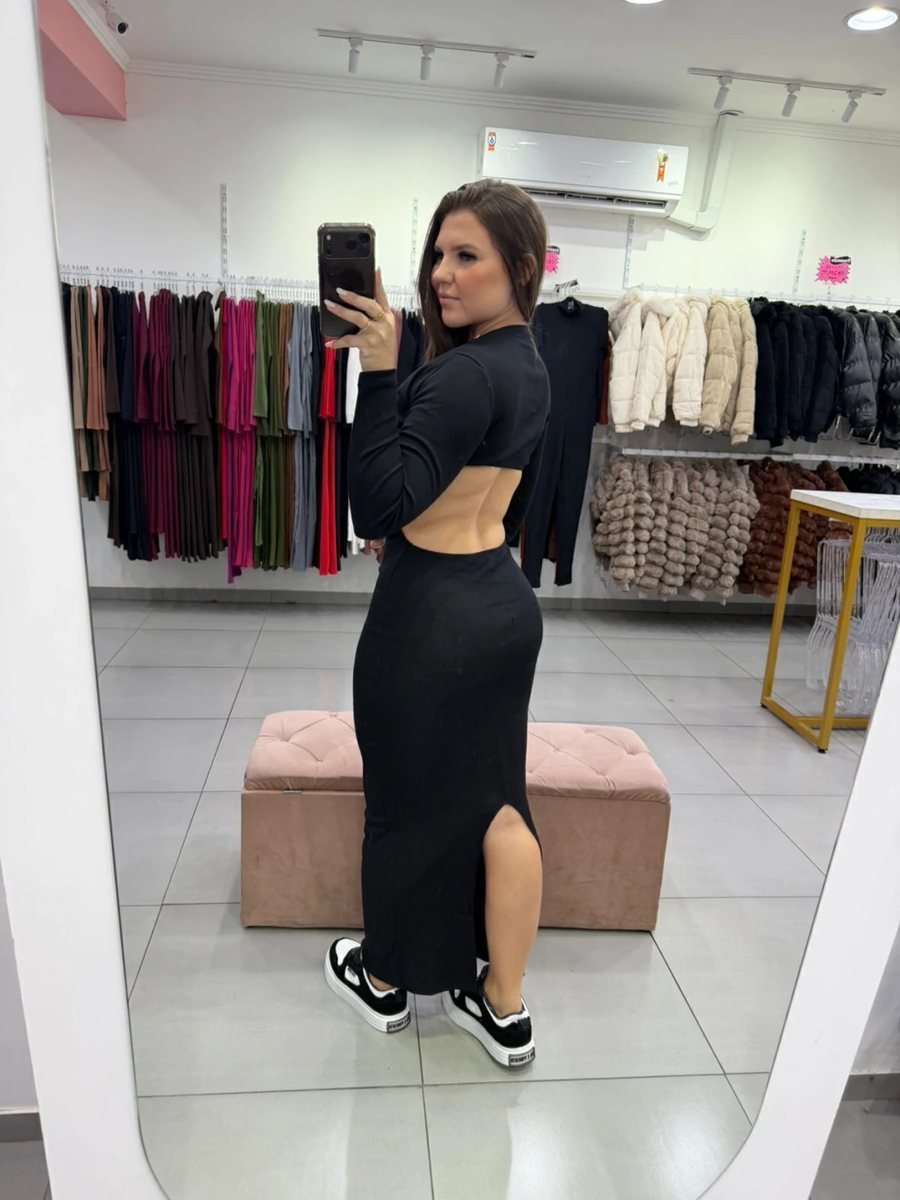 Vestido Ribana Longo Com Abertura Nas Costa Manga Longa E Fenda Atrás, foto 3