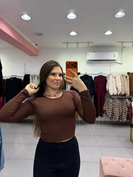 Cropped Canelado Térmico Com Manga Longa E Básico Marrom Escuro