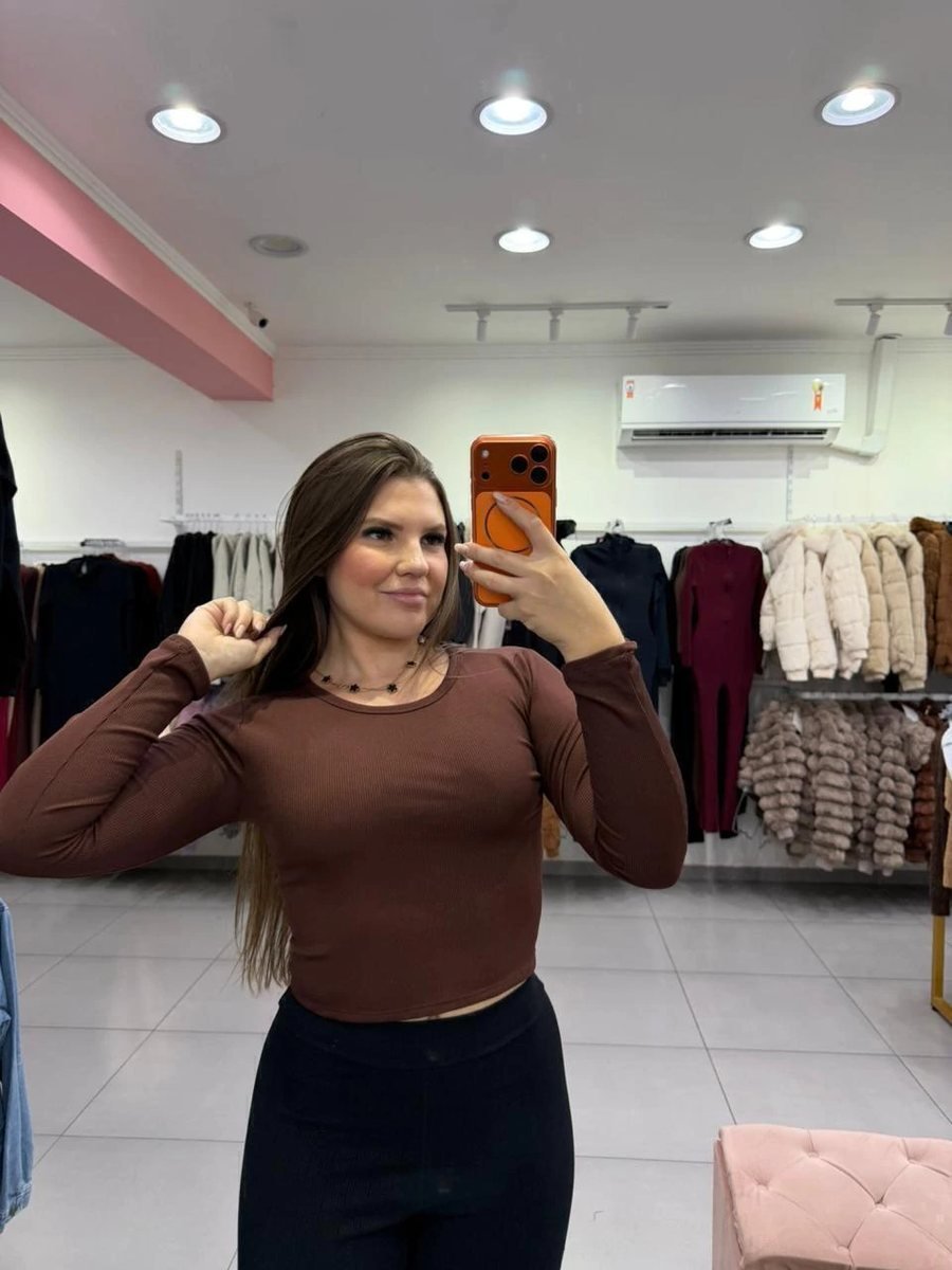 Cropped Canelado Térmico Com Manga Longa E Básico Marrom Escuro